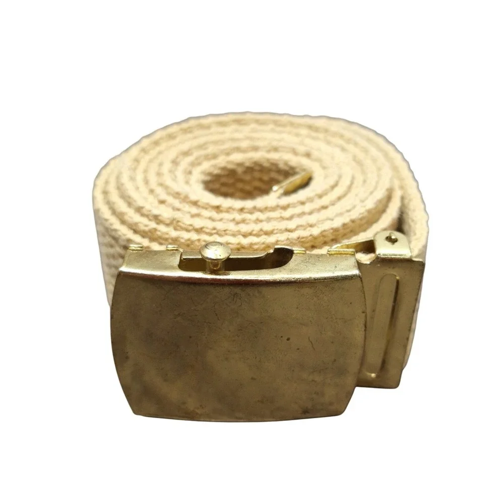 Vintage Tan Cotton Web Belt Brass Flip Top Slider Buckle Made in USA Mens Khaki
